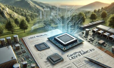 A detailed technical manual and computer hardware components, showcasing a Cardpop L 82V8 EMMC B model.