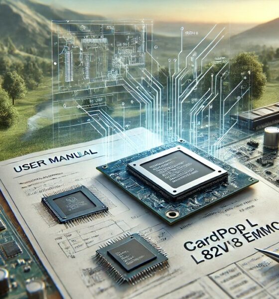 A detailed technical manual and computer hardware components, showcasing a Cardpop L 82V8 EMMC B model.