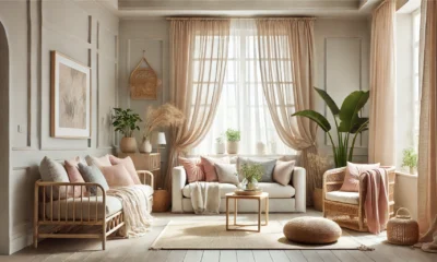 A serene living room filled with breezy comforts featuring airy curtains, plush cushions, and natural decor elements.