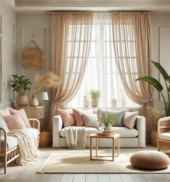 A serene living room filled with breezy comforts featuring airy curtains, plush cushions, and natural decor elements.