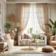 A serene living room filled with breezy comforts featuring airy curtains, plush cushions, and natural decor elements.