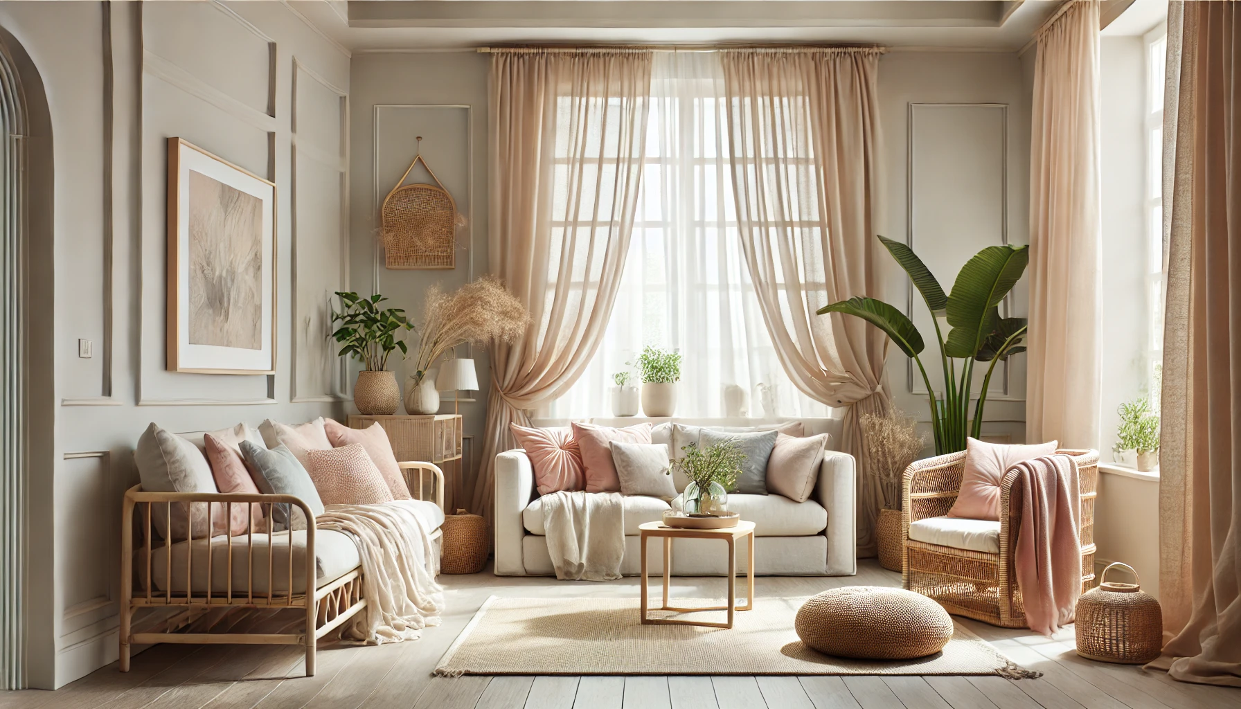 A serene living room filled with breezy comforts featuring airy curtains, plush cushions, and natural decor elements.