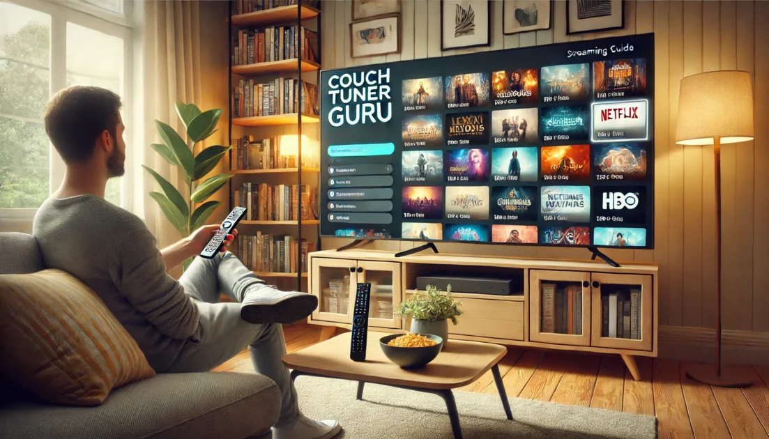 A detailed depiction of Couchtuner Guru as an ultimate streaming guide, featuring TV screens and streaming devices.