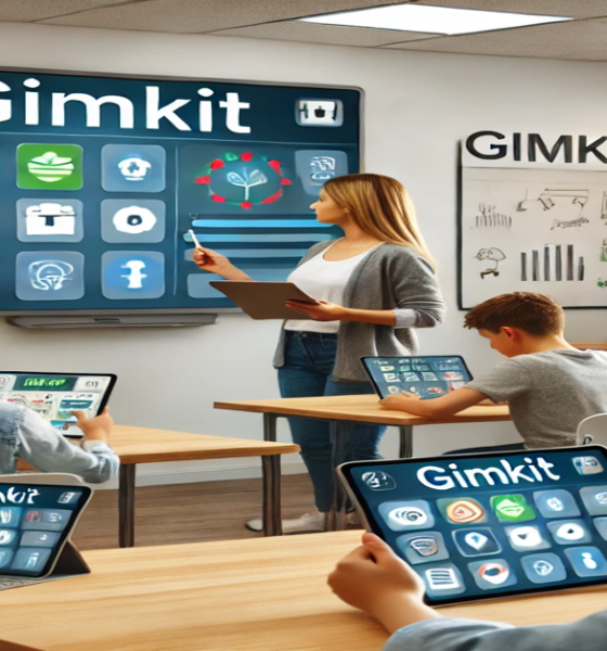 A teacher using Gimkit in the classroom, with students actively participating in an interactive quiz game.