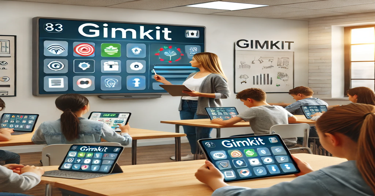 A teacher using Gimkit in the classroom, with students actively participating in an interactive quiz game.