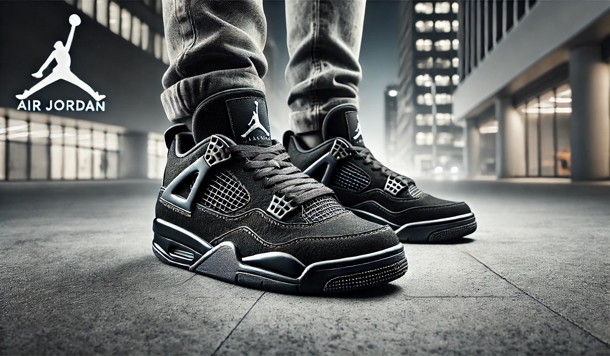 Air Jordan Black Cat 4s sneakers displayed in a modern, stylish setting with a sleek and urban background.