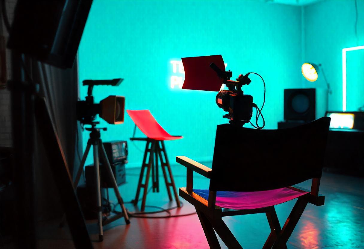 A creative representation of a tellyplay production process showcasing a script, a director's chair, and television camera on set.