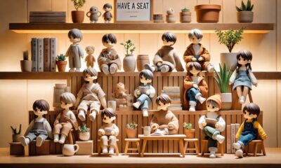 A close-up of Labubu Have a Seat collectible figures displayed creatively on a stylish wooden shelf.