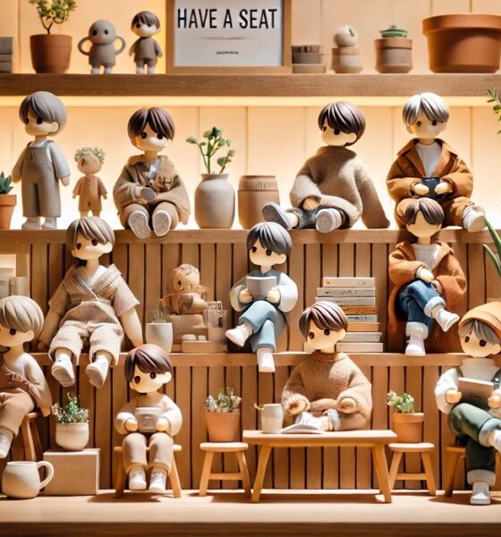 A close-up of Labubu Have a Seat collectible figures displayed creatively on a stylish wooden shelf.