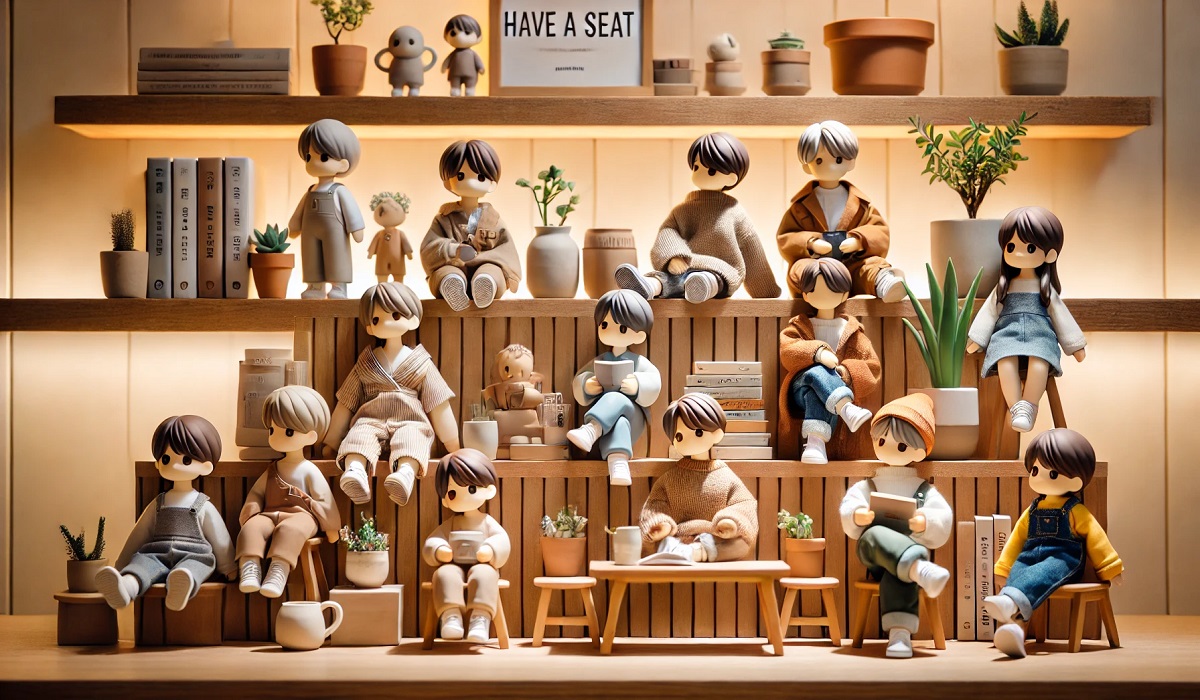 A close-up of Labubu Have a Seat collectible figures displayed creatively on a stylish wooden shelf.