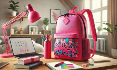 A Pink Sprayground Backpack placed stylishly on a modern desk with colorful accessories in a vibrant setting.