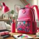 A Pink Sprayground Backpack placed stylishly on a modern desk with colorful accessories in a vibrant setting.