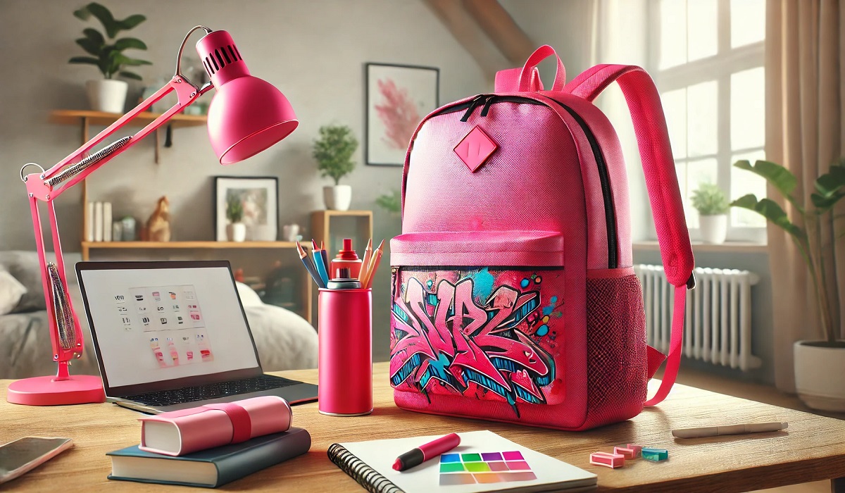 A Pink Sprayground Backpack placed stylishly on a modern desk with colorful accessories in a vibrant setting.