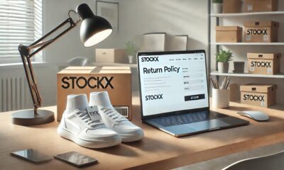 A visual representation of StockX's return policy with sneakers, shipping boxes, and a laptop displaying the StockX platform.